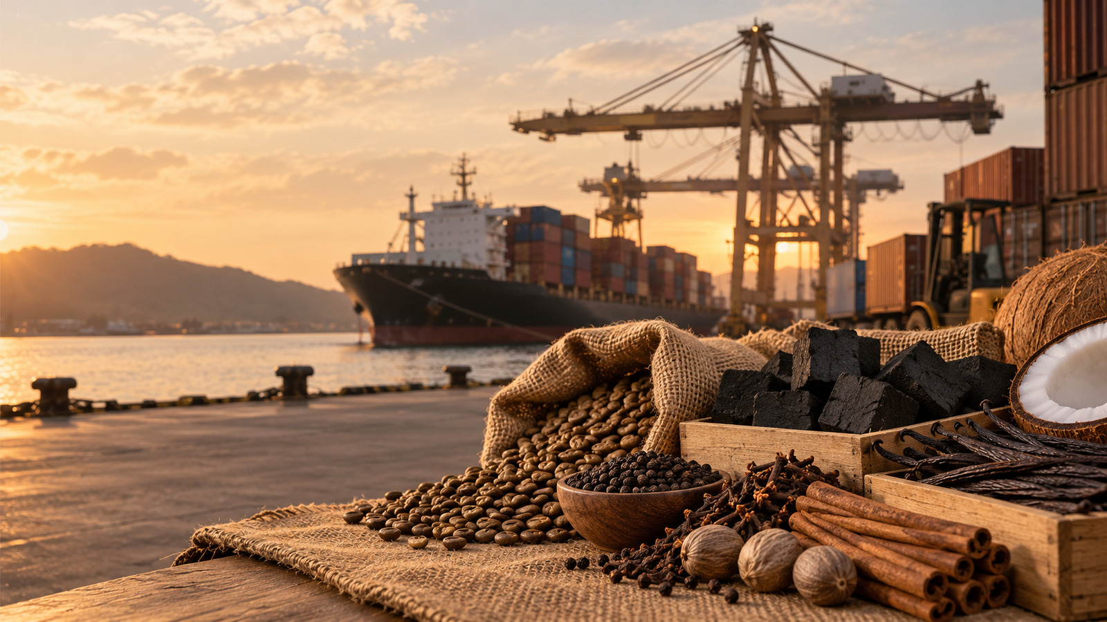 Indonesian agricultural export commodities with shipping port and container vessel logistics